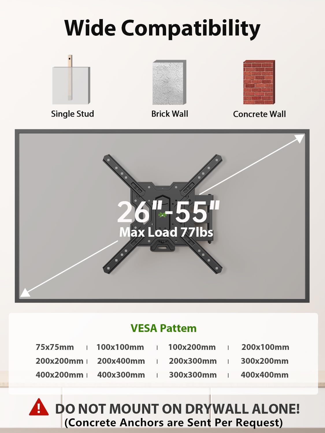 USX MOUNT Full Motion TV Wall Mount for 26-55 Inch TVs up to 77 Lbs, Articulating TV Mount with Perfect Center Design, Single Stud Wall Mount TV Bracket, Max VESA 400x400mm