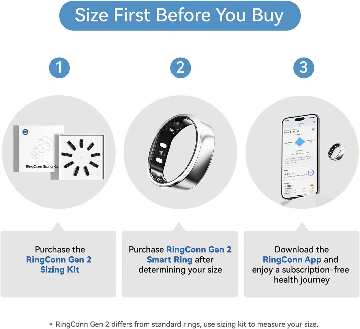 RingConn Gen 2 Smart Ring, No App Subscription, Size First with Sizing Kit, 12-Day Battery Life, Stress/Women's Health Tracker, Compatible with Android & iOS (Black, Size 8)