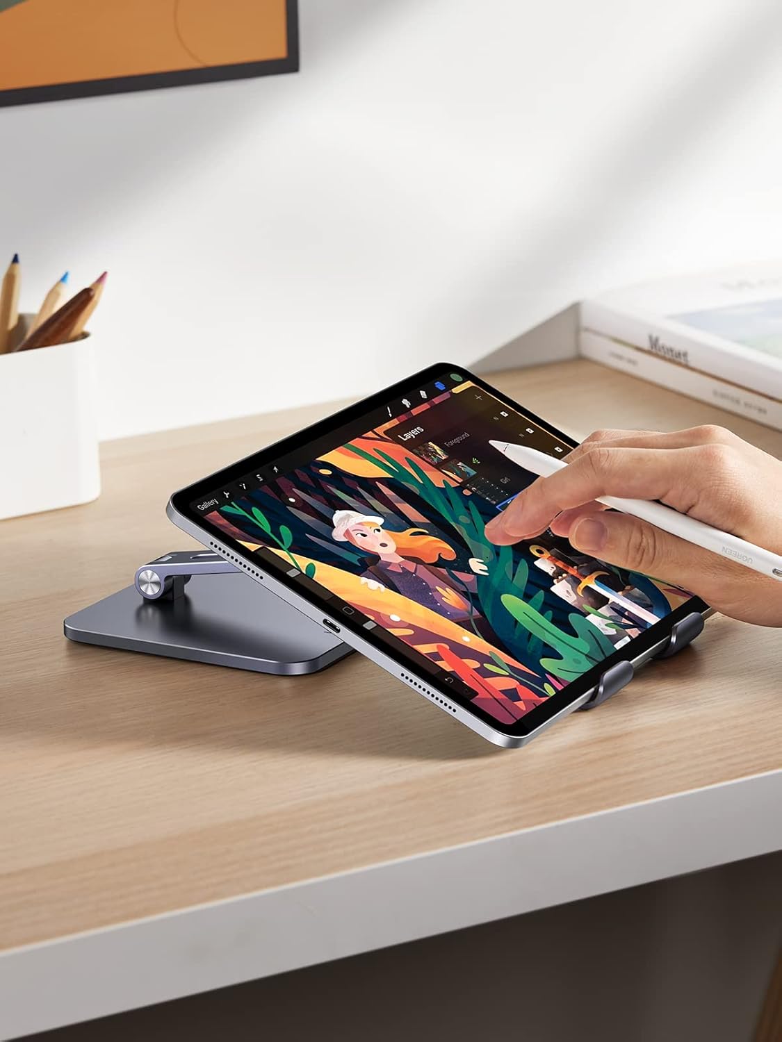UGREEN Tablet Stand for Desk, Aluminum Stand for iPad Extended Height, Adjustable Foldable Portable Desktop Stand Holder for iPad Pro 12.9 11 9.7 10.5 iPad Air Mini Galaxy Surface iPhone 14 Pro, Grey