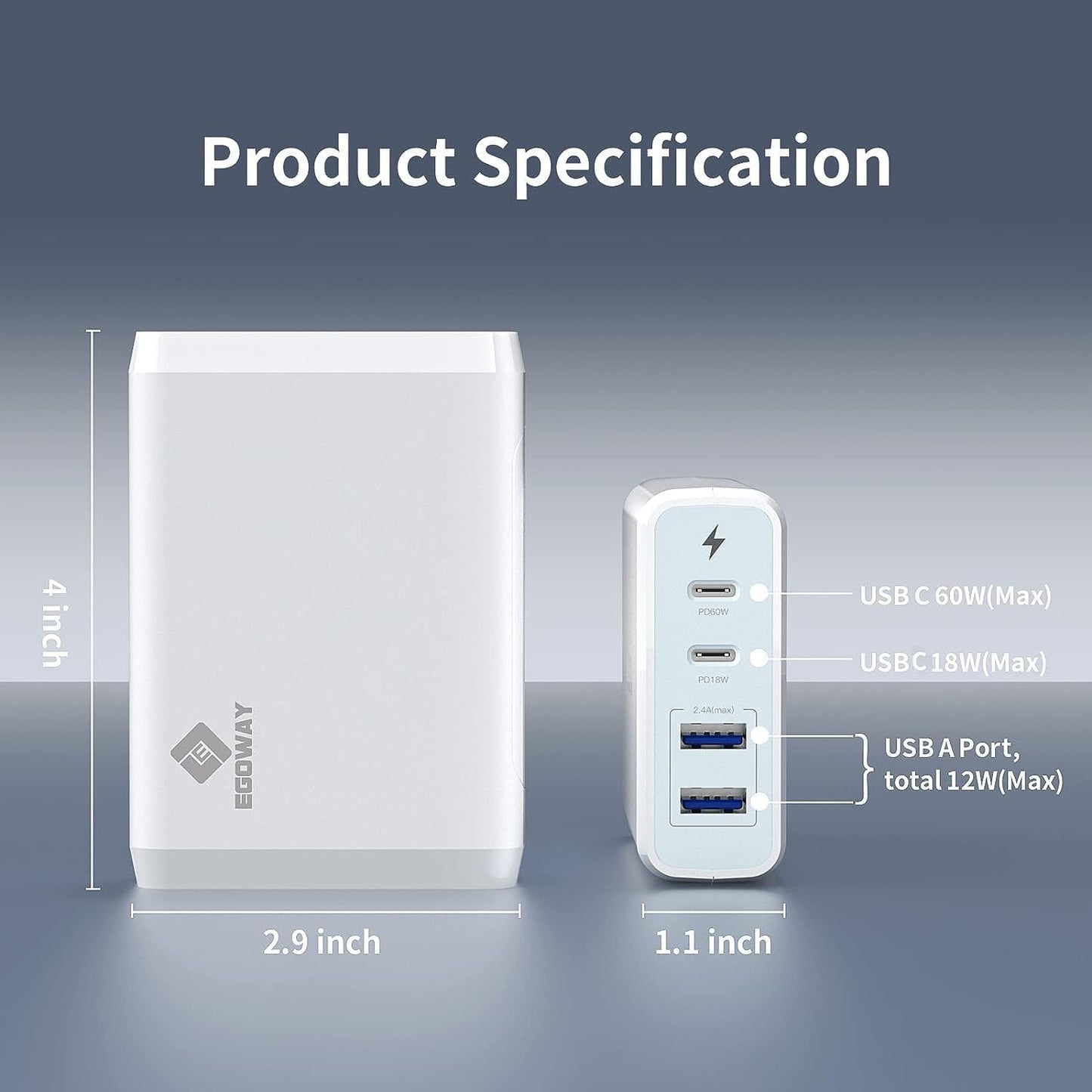 4-Port USB Charger, EGOWAY 90W Wall Charger, 60W & 18W Dual USB C Wall Charger and Dual USB A Ports 12W, Multi USB C Charger for MacBook, Phone and More