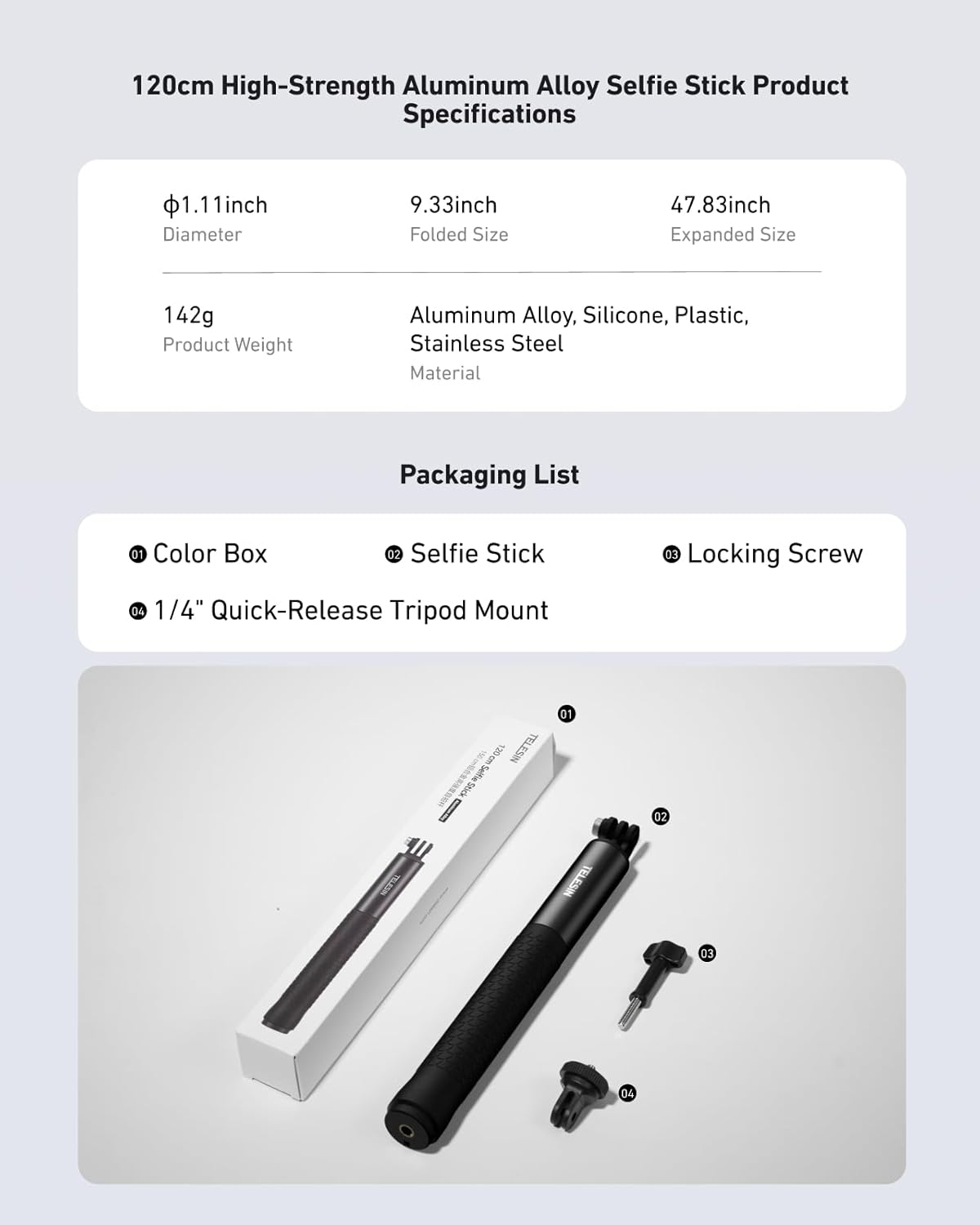 TELESIN 47" Extension Selfie Stick, Portable Smooth Handheld Invisible Monopod Pole for GoPro Hero 13 12 11 10 9/Insta360 X5 X4/DJI Osmo Pocket/AKASO Vlog Selfie Stick, Action Camera Accessories