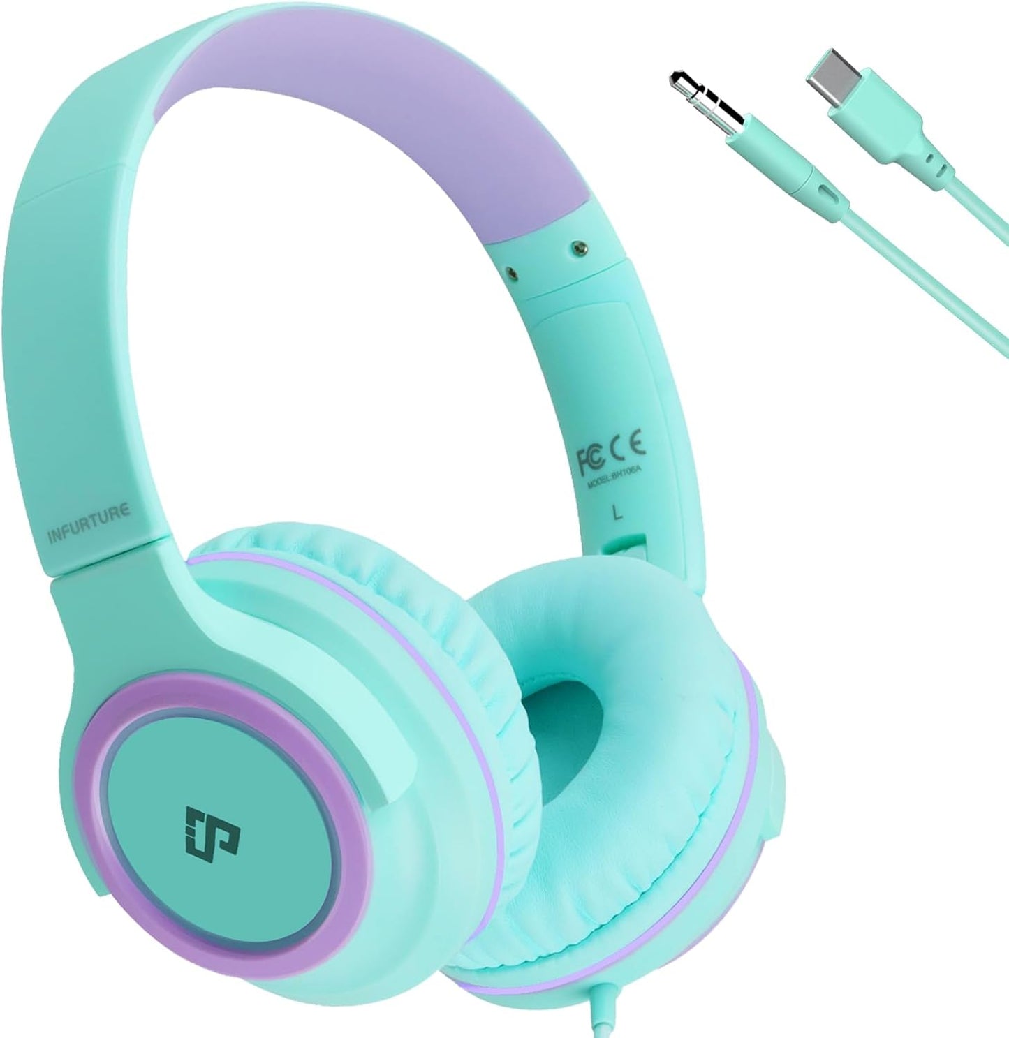 INFURTURE Kids Headphones for School Travel, 94dB Safe Volume Limited, HD Mic Stereo Sound Over-Ear Girls Boys Headphones for Kid, Foldable 3.5mm and USB-C Wired Headphones for iPad Computer