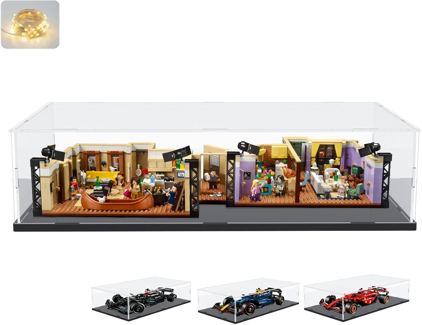 Thickened Clear Acrylic Display Case for Lego 10330 43268 76450 42170 10295 10353 Collectibles, Transparent Box Dustproof Protection with Wood-Plastic Base & String Light, Black Inside 40x20x20cm