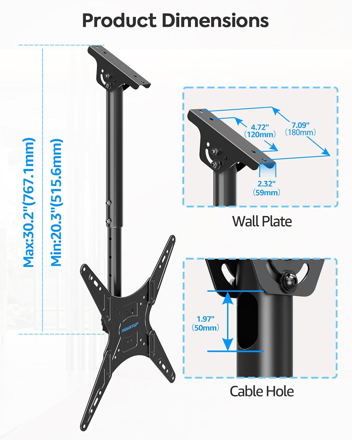 MOUNTUP Ceiling TV Mount for Most 24''-65'' TVs, Hanging TV Ceiling Mount for 32 43 50 55 60 65 inch TVs, Full Motion Height Adjustable TV Mount Bracket, Holds up to 99lbs, Max VESA 400x400mm, MU0039