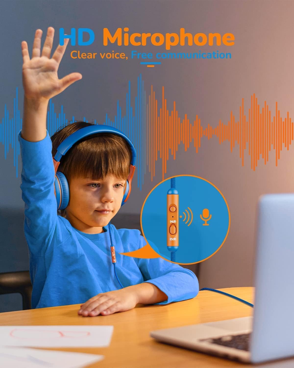 awatrue Kids Headphones with Microphone, Wired Headphones for Kids 85/94dB Safe Volume Limit, Over Ear Headsets, Boys Girls Childrens Headphones for School/Travel/Fire Tablet/BlueOrange