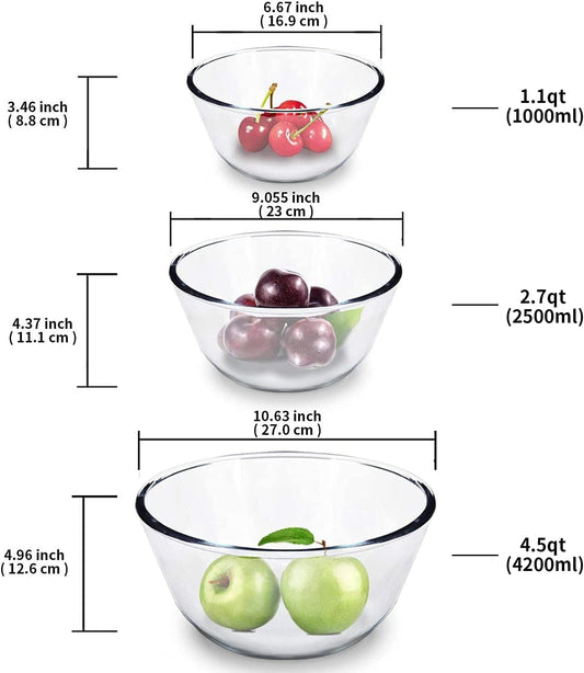 Luvan High Borosilicate Glass Mixing Salad Bowls with Lids Set of 3 (4.5QT,2.7QT,1.1QT),Large Kitchen Nesting Bowls, Great for Food Storage, Cooking, Baking, Prepping,Dishwasher and Microwave Safe - PuriLite