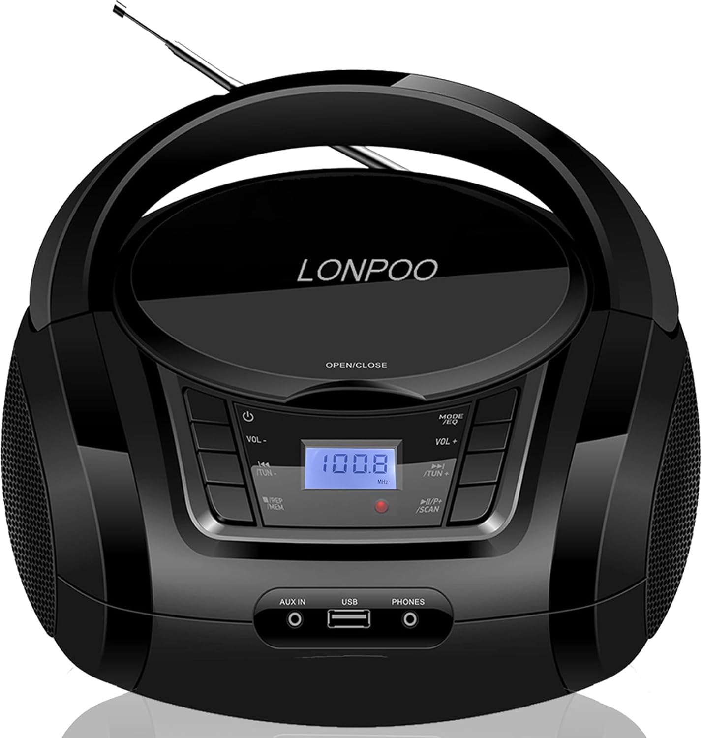 LONPOO Portable CD Player | Stereo Bluetooth Boombox | FM Radio Turn Knob | Auto Lid Open Button | Big LCD Display | Concealed Ports of USB/AUX/Earphone | Rear Power Protection Button (LP-D12)