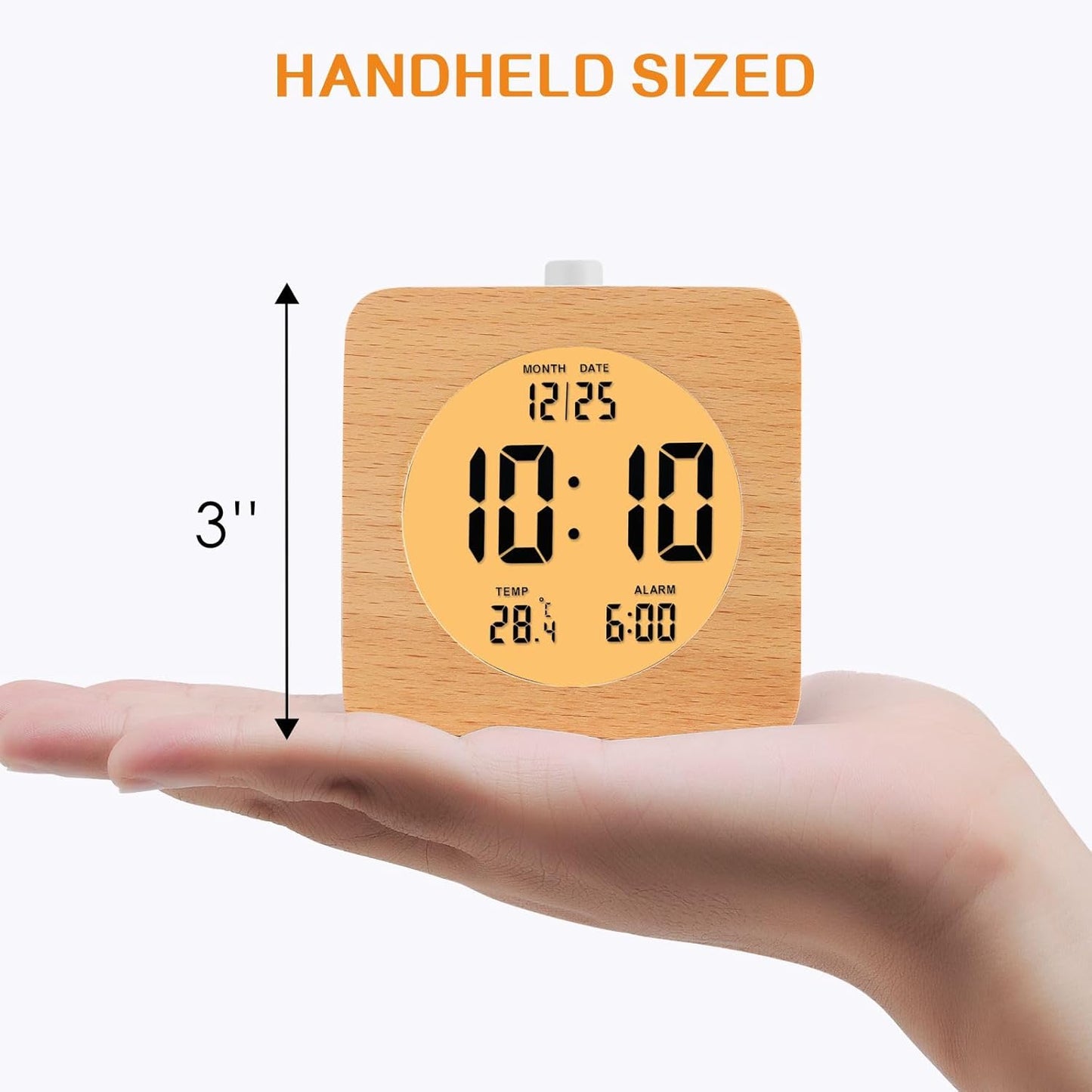 Plumeet Wooden Digital Alarm Clock for Bedrooms, Wood 4'' Battery Powered Alarm Clock with Snooze and Nightlight, Electronic LCD Desk Clock Display Time, Date, Temp, 12/24H, Wood Décor (Sapele, 3.2'')