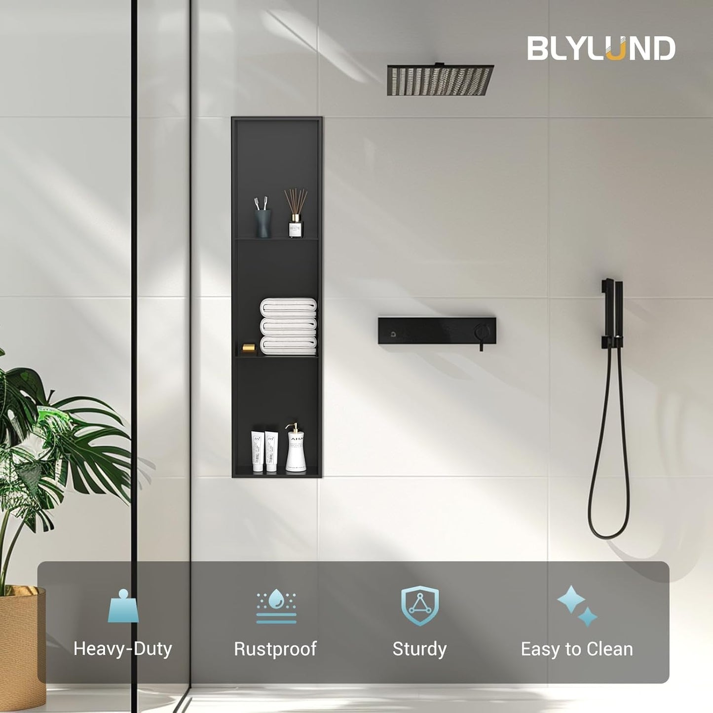 BLYLUND Shower Niche 12" x 24" NO Tile Needed,Matte Black Double Shelf Organizer, Square Corners Wall-Inserted Niche Recessed Shower Shelf Modern Soap Niche for Bathroom