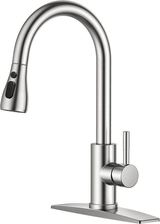 FORIOUS Kitchen Faucet with Pull Down Sprayer, Brushed Nickel, High Arc Single Handle Classic Stainless Steel Kitchen Sink Faucet 1 or 3 Hole, Suitable for Farmhouse Camper Laundry Rv Bar - PuriLite