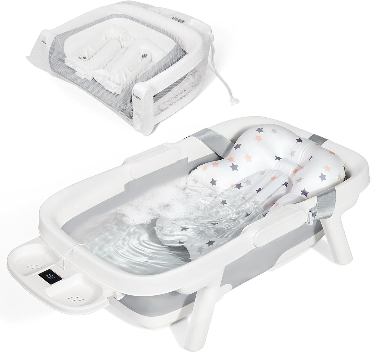 Orzbow Collapsible Baby Bathtub with Cushion & Thermometer, Large Size,Gray