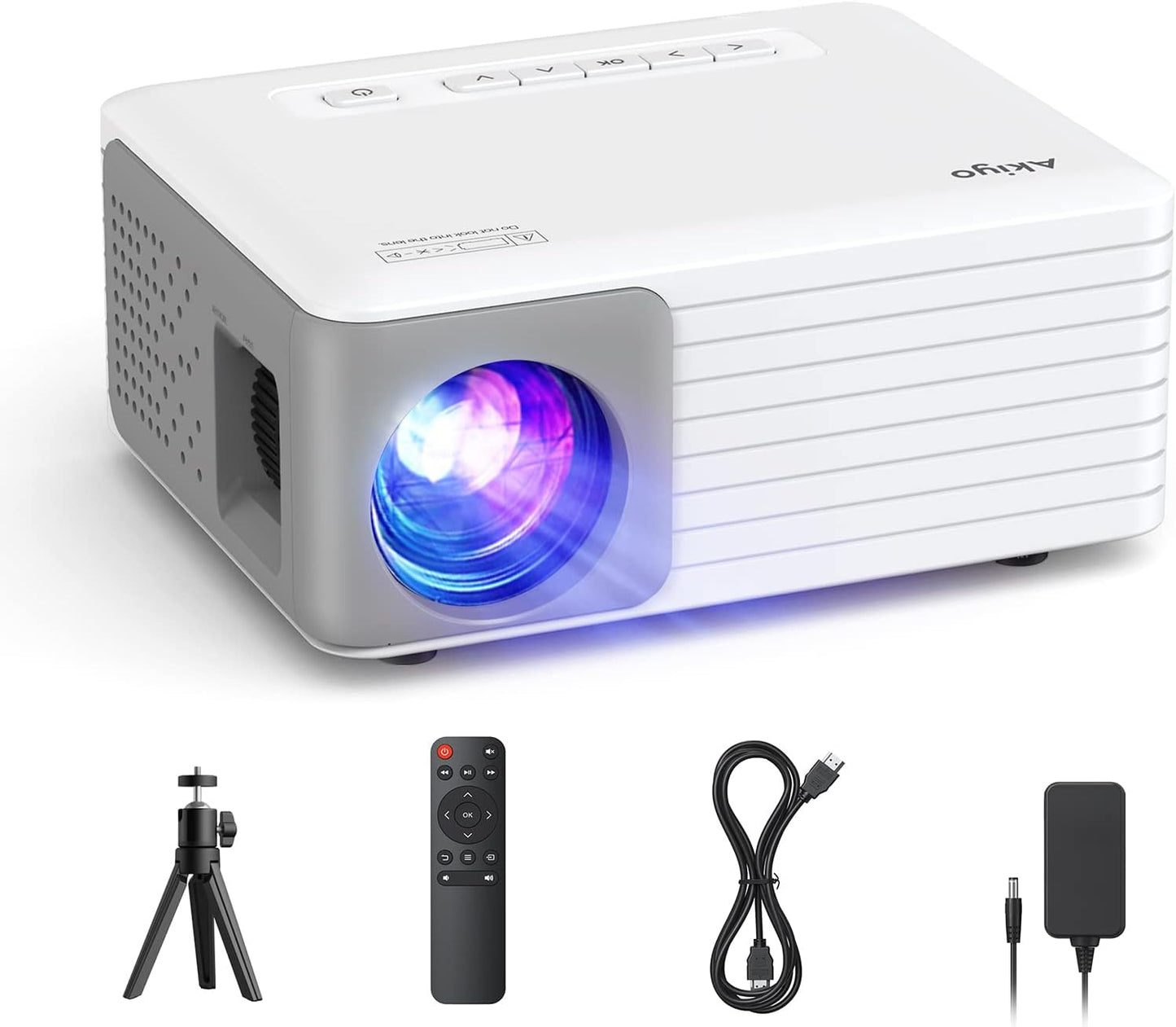 Mini Projector with Projector Stand, 1080P Full HD Supported Portable Projector, AKIYO Phone Projector for Home Theater, Movie, Outdoor, Compatible with iOS/Android/HDMI/USB/TV Stick/PC