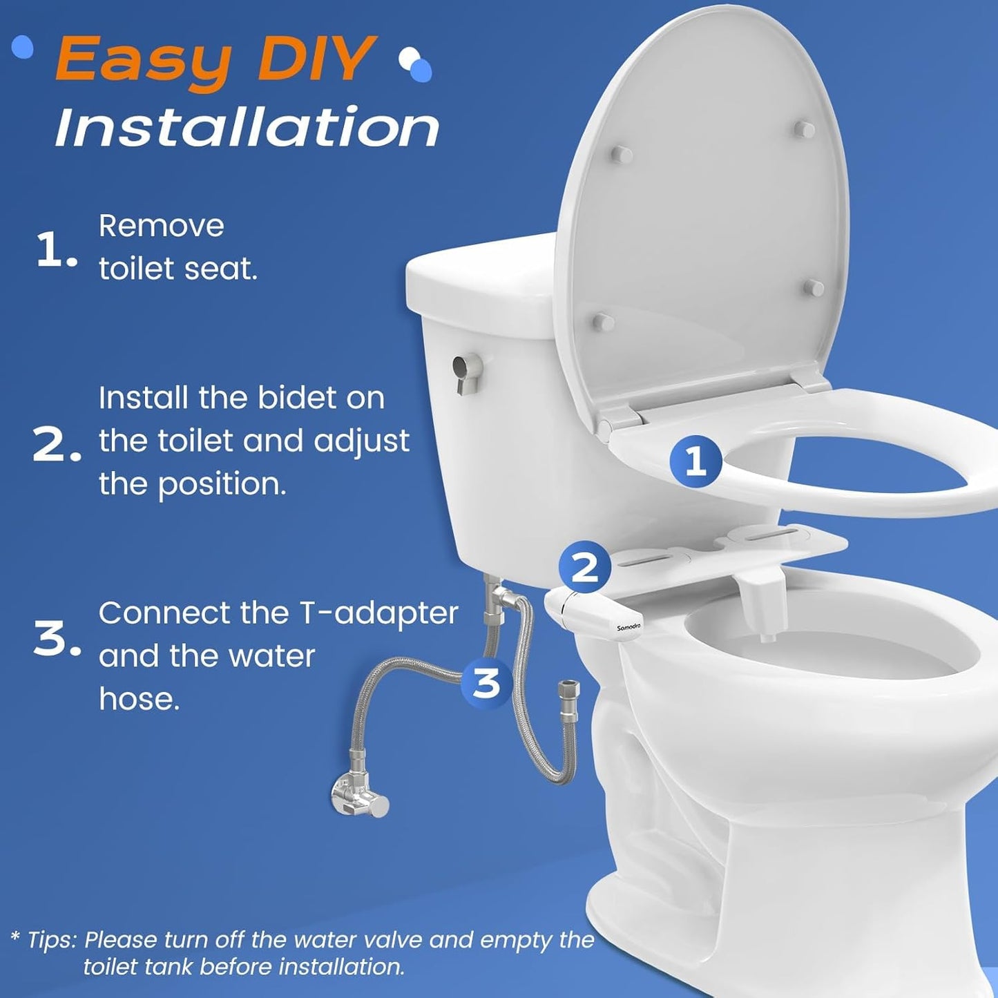 SAMODRA Ultra-Slim Bidet, Minimalist Bidet for Toilet with Non-Electric Dual Nozzle (Frontal & Rear Wash) Adjustable Water Pressure, Fresh Water Bidet Toilet Seat Attachment, Easy to Install