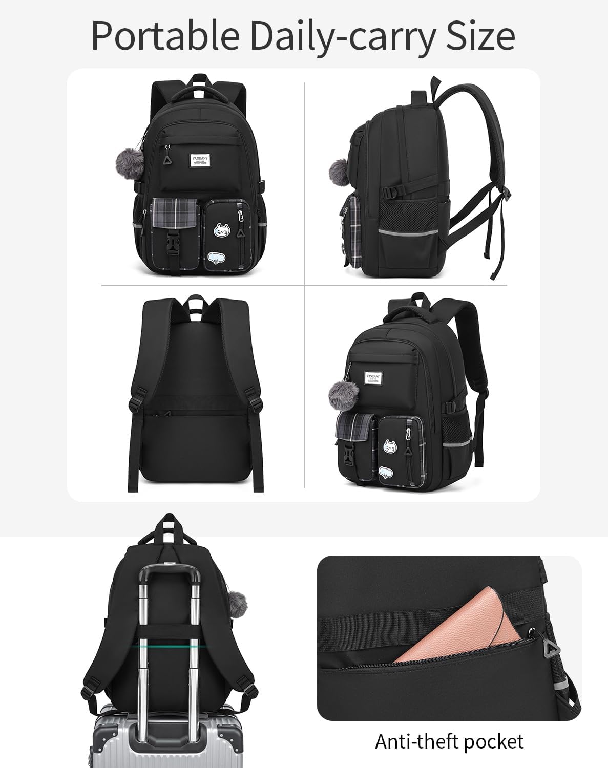 VANKANY School Backpack for Teen Girls, College Women Student Laptop Backpack Aesthetic Bookbags for Elementary Middle High School Travel Sac a Dos Femme, Black