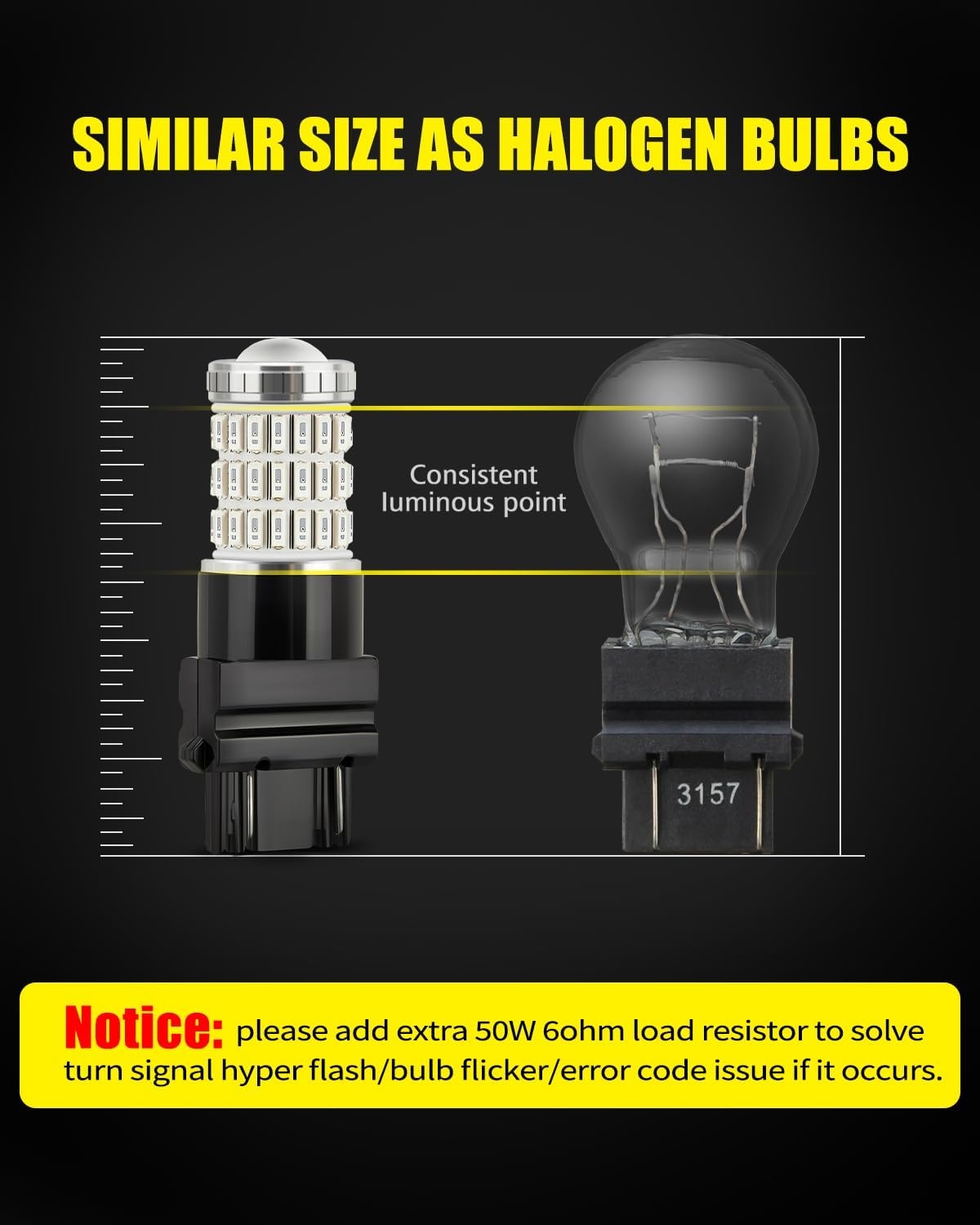 AUXLIGHT 3157 3156 4157 3057 3357 LED Bulbs, Ultra Bright 60-SMD LED Replacement for Turn Signal Blinker Lights, Brake/Tail Lights, Parking/Running Lights, Amber Yellow (Pack of 2)