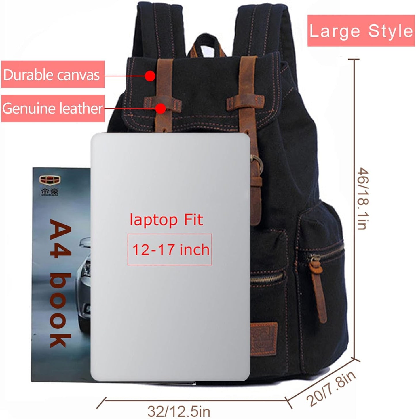AUGUR Canvas Backpack,17 inch Laptop Backpack Vintage Canvas Leather Backpacks Casual School College Bag Pack Bookbag Hiking Travel Rucksack Daypack (L-Coffee)