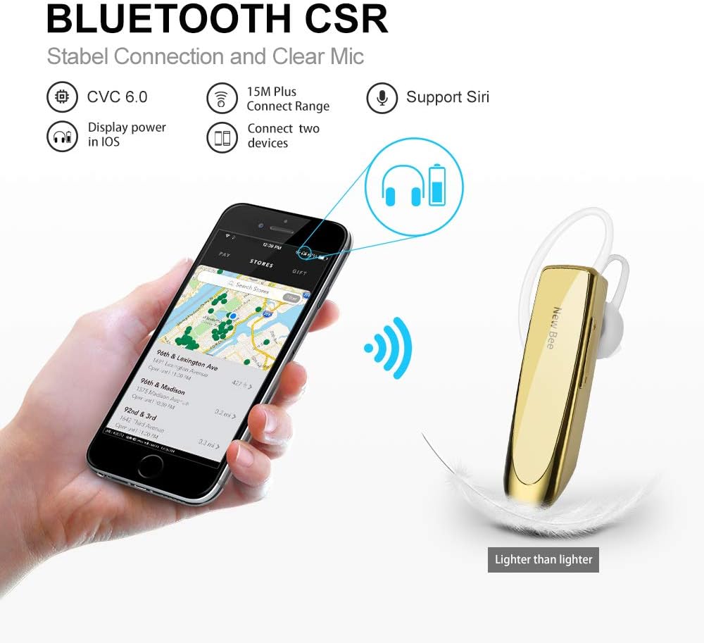 Bluetooth Headset New Bee 24Hrs V5.0 Bluetooth Earpiece Wireless Handsfree Driving Headset with Noise Canceling Mic Headset Case for iPhone Samsung Android Mobile Cell Phone Tablets Office