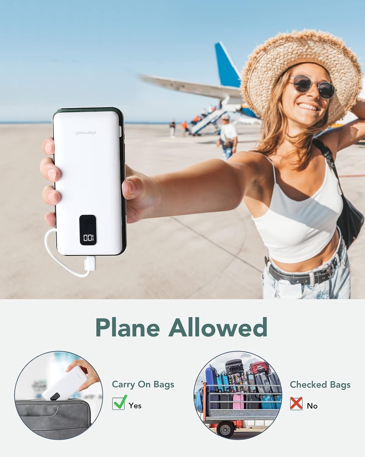 Charmast 10000mAh Portable Charger with Built-in Cables and AC Wall Plug,USB C Battery Pack Power Bank,5 Output 2 Input Battery Pack Compatible with iPhone 16/15/14/13/12,Andriod Series