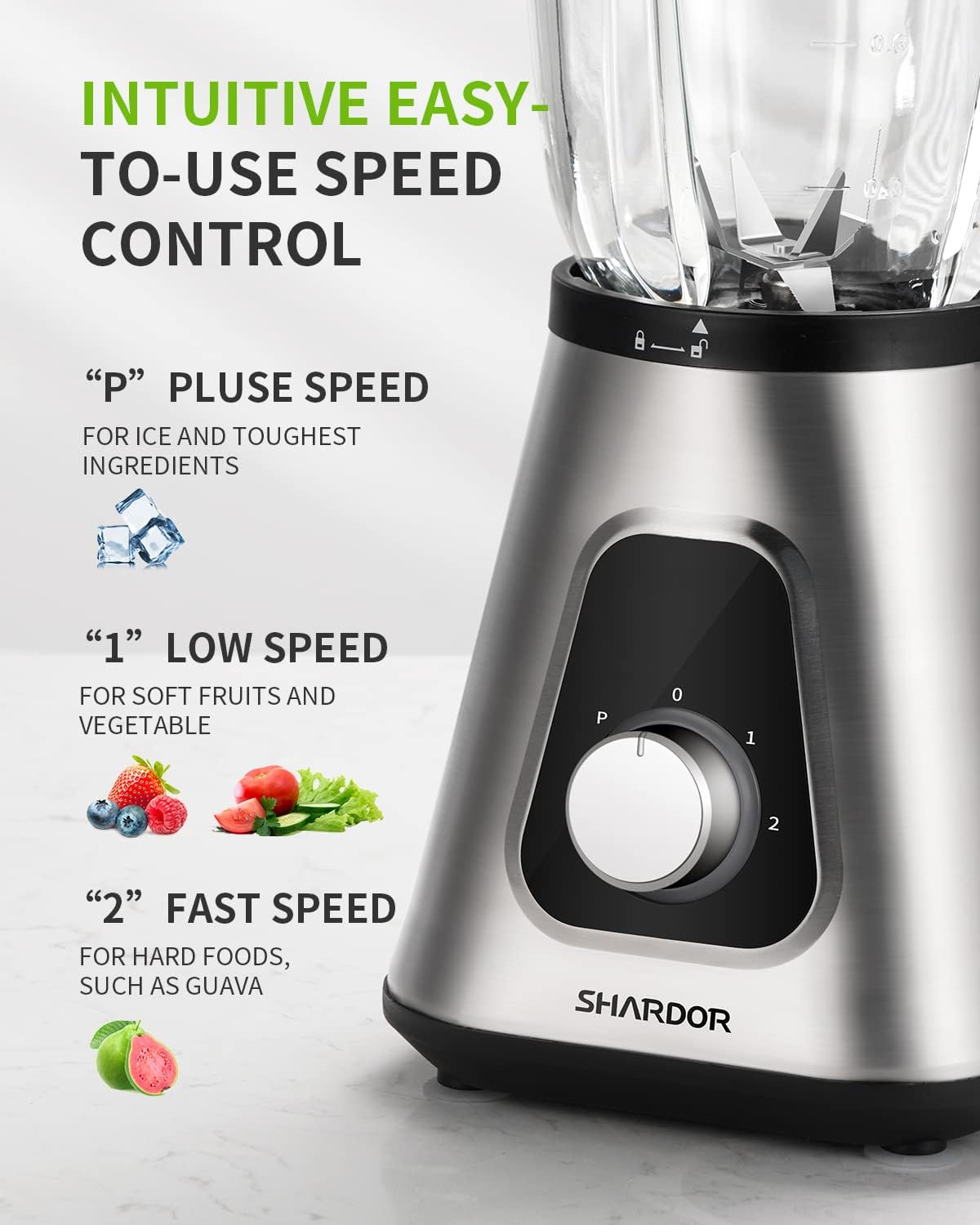 SHARDOR 1200W Blender for Smoothies, Countertop Blender Combo, 52oz Glass Jar, 22oz Travel Cup, 3 Adjustable Speed for Frozen Fruit Drinks, Smoothies, Sauces, Shakes, Silver