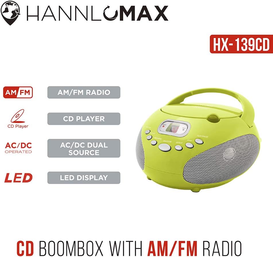 HANNLOMAX HX-319CD Portable CD Boombox, AM/FM Radio, LED Display, Aux-in Jack, AC/DC Dual Power Source. (Green)