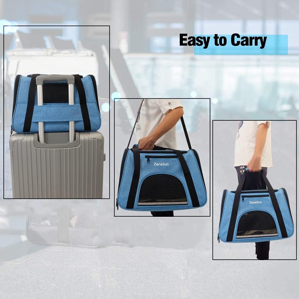 ZaneSun Cat Carrier Dog Carrier Pet Carrier for Small Medium Cats Dogs Puppies of 15 Lbs,Airline Approved Dog Cat Travel Carrier (Medium, Blue)