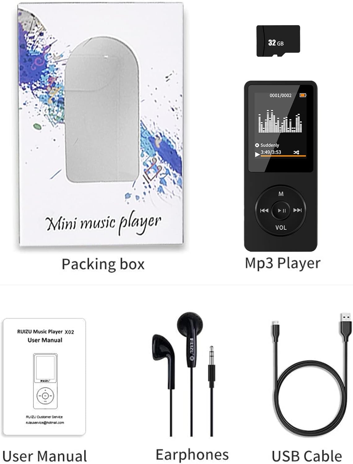 32GB MP3 Player with Bluetooth, Wodgreat Portable HiFi Lossless Music Players with Built-in Speaker for FM/Video/E-Book, Multifunctional Walkman Media Player with TF Card Slot, Support up to 128GB