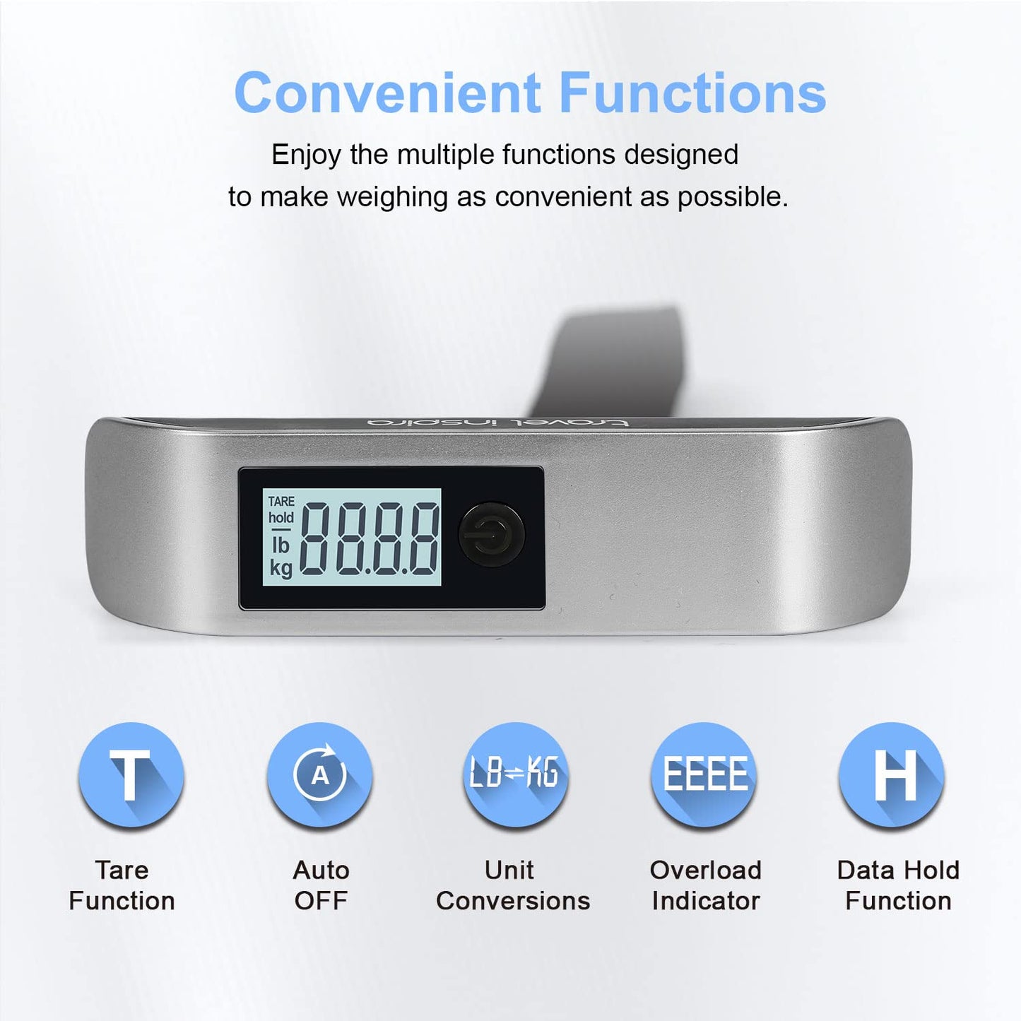 travel inspira Luggage Scale, Portable Digital Hanging Baggage Scale for Travel, Suitcase Weight Scale with Rubber Paint, 110 Pounds, Battery Included - Blue