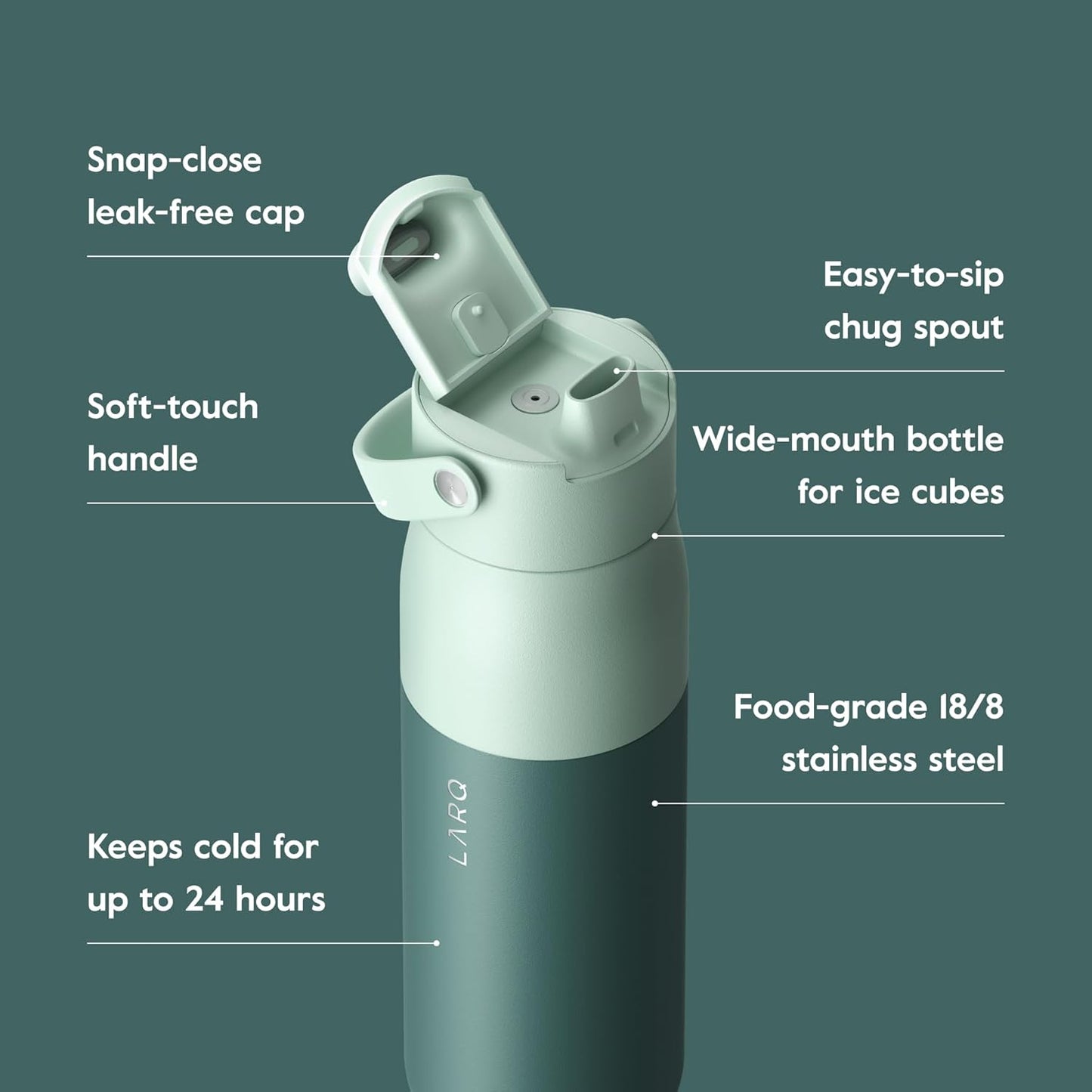 LARQ 34oz Swig Top Stainless Steel Water Bottle – Insulated Wide Mouth, BPA-Free, Leakproof with Built-In Handle, Keeps Drinks Cold 24 Hours, Reusable Bottle for Sports, Gym, and Travel, Eucalyptus Green - PuriLite
