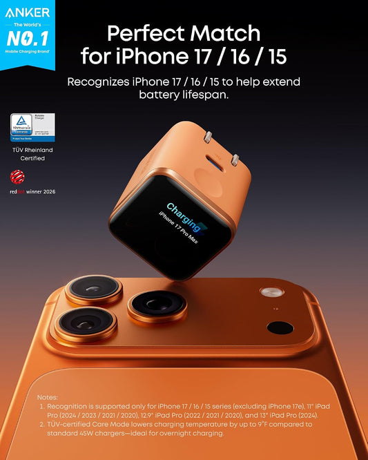 Anker Smart Display Charger,Anker Nano 45W Fast Charging USB C Charger with Smart Recognition,Built-in Care Mode,Compact with 180° Foldable Plug,for iPhone 17/16/15 Series,MacBook,Apple Watch (Orange)