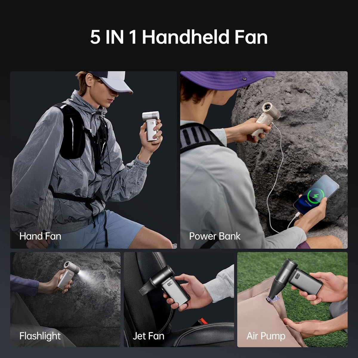 JISULIFE Portable Handheld Fan Ultra2, 9000mAh Max 25 Hrs, 5 IN 1, 100 Speed Turbo Fan Rechargeable 18W Power Bank with Flashlight, Metal Shell Multi-Function Travel Essentials Gifts for Men-Brown