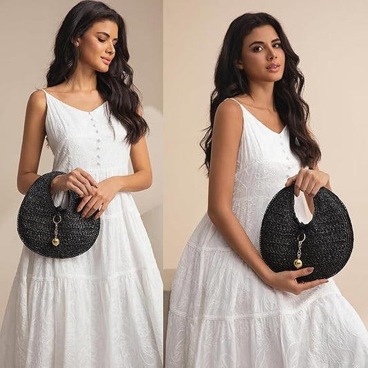 PHILOMENA Woven Straw Beach Bag for Women Handmade Raffia Circle Bag, Summer Boho Chic Tote Purse Handbag Large Round Bag - PuriLite