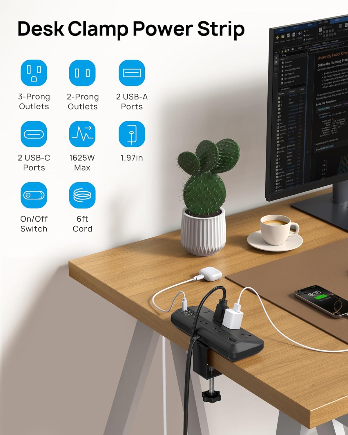 Desk Clamp Power Bar with 6 Outlets and 20W USB-C Fast Charging, Desktop Surge Protector with Flat Plug Extension Cord, Clamp-On Charging Station for Home and Office, Black - PuriLite