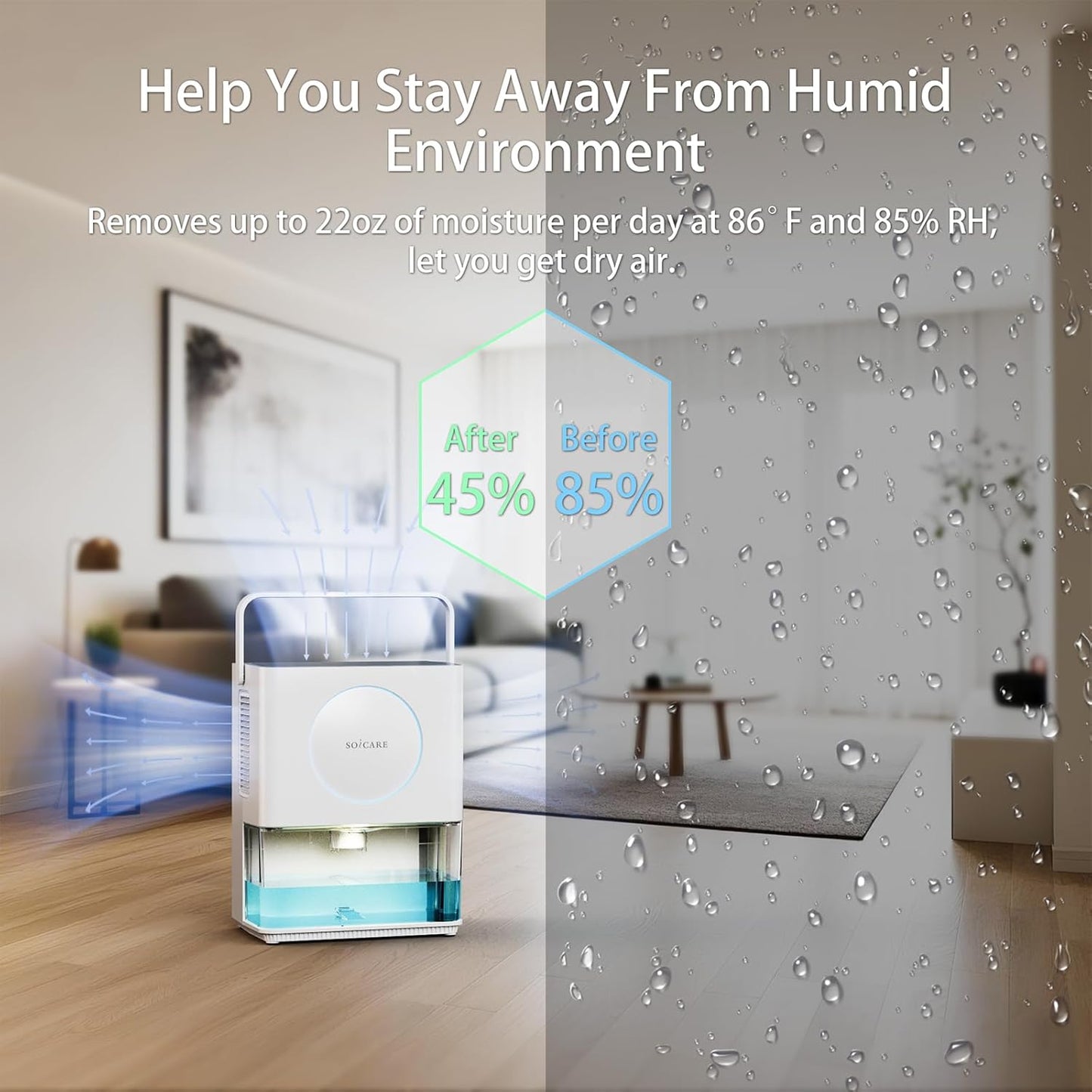SOICARE Dehumidifier, 3.2L Water Tank, 7-Colour LED Night Light, HEPA Filter, 220V/50W, White