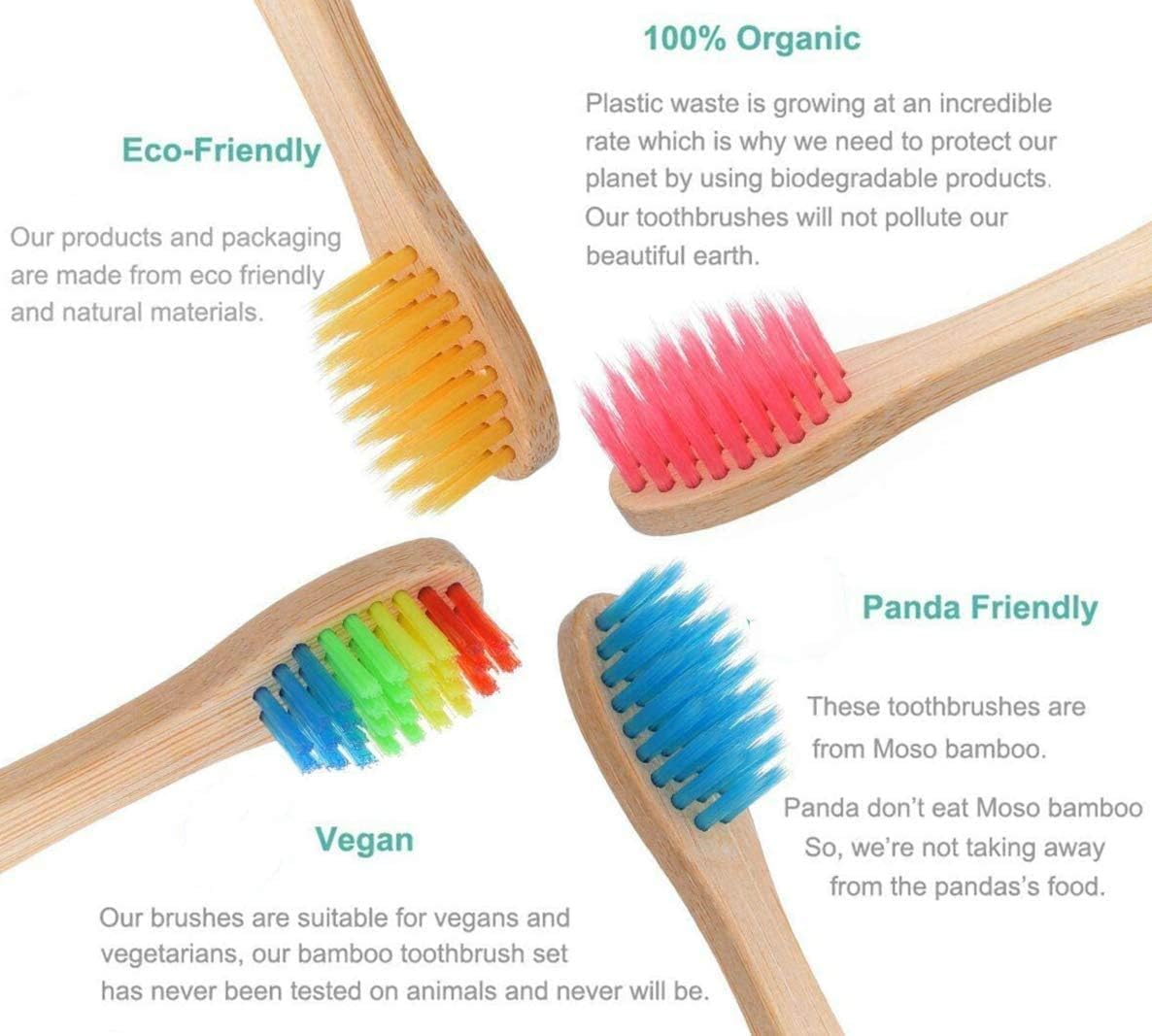 ECOETBOO Kids Bamboo Toothbrush Medium Bristles Rainbow, 5 Pack Children's Toothbrushes Eco-Friendly Wooden Handle Tooth Brush (5 Colors)