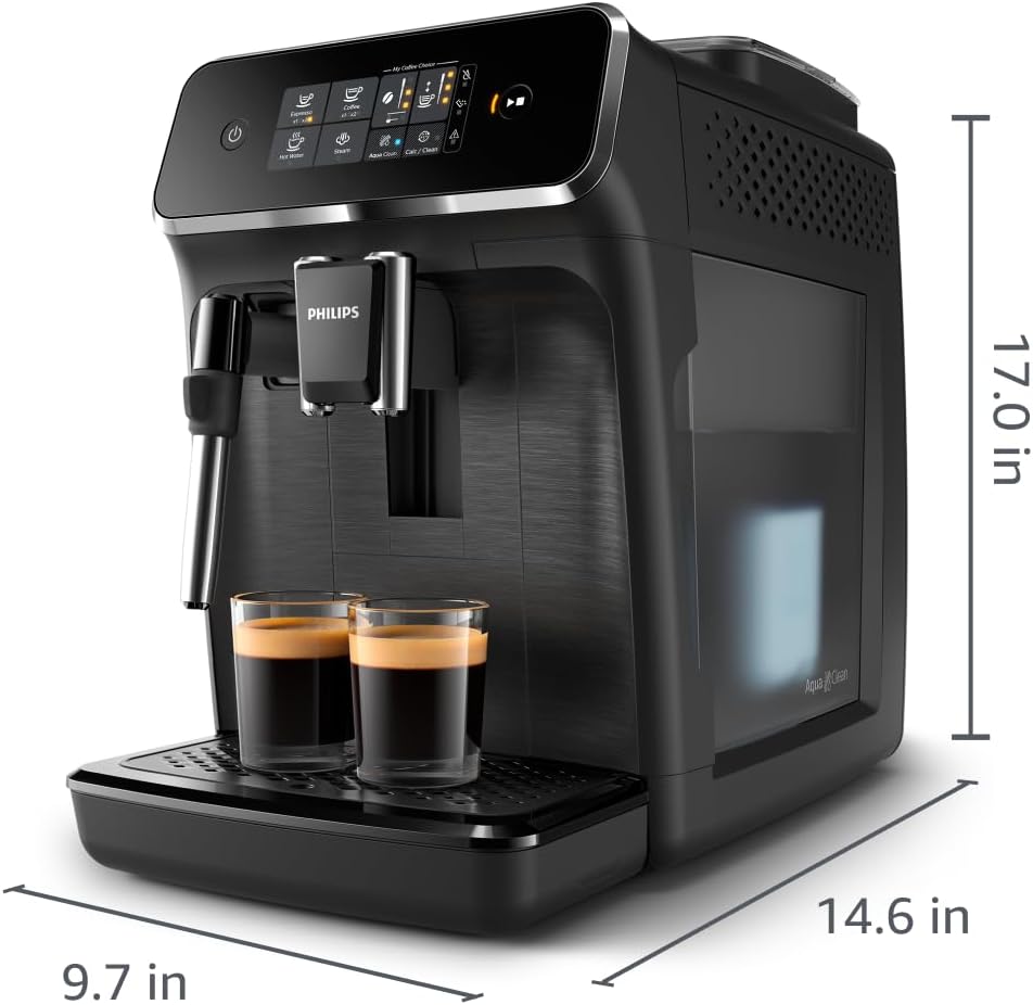 Philips 2200 Series Fully Automatic Espresso Machine, Classic Milk Frother, 2 Coffee Varieties, Intuitive Touch Display, 100% Ceramic Grinder, AquaClean Filter, Aroma Seal, Black (EP2220/14)