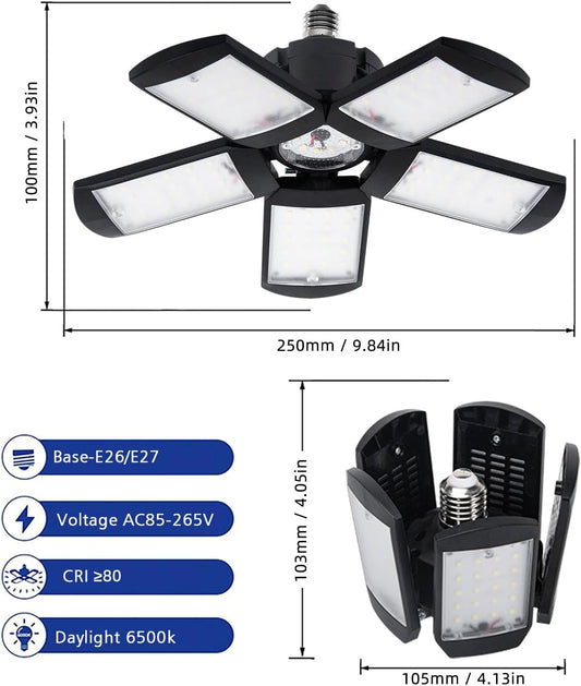Deformable LED Garage Light - 8000 Lumen 6500K Daylight 80W, Five Leaf Garage Organization Ceiling Lighting, Pack of 2