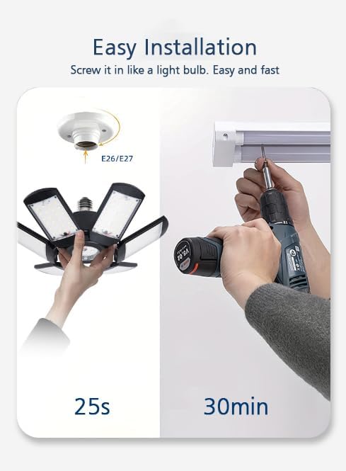 Deformable LED Garage Light - 8000 Lumen 6500K Daylight 80W, Five Leaf Garage Organization Ceiling Lighting, Pack of 2