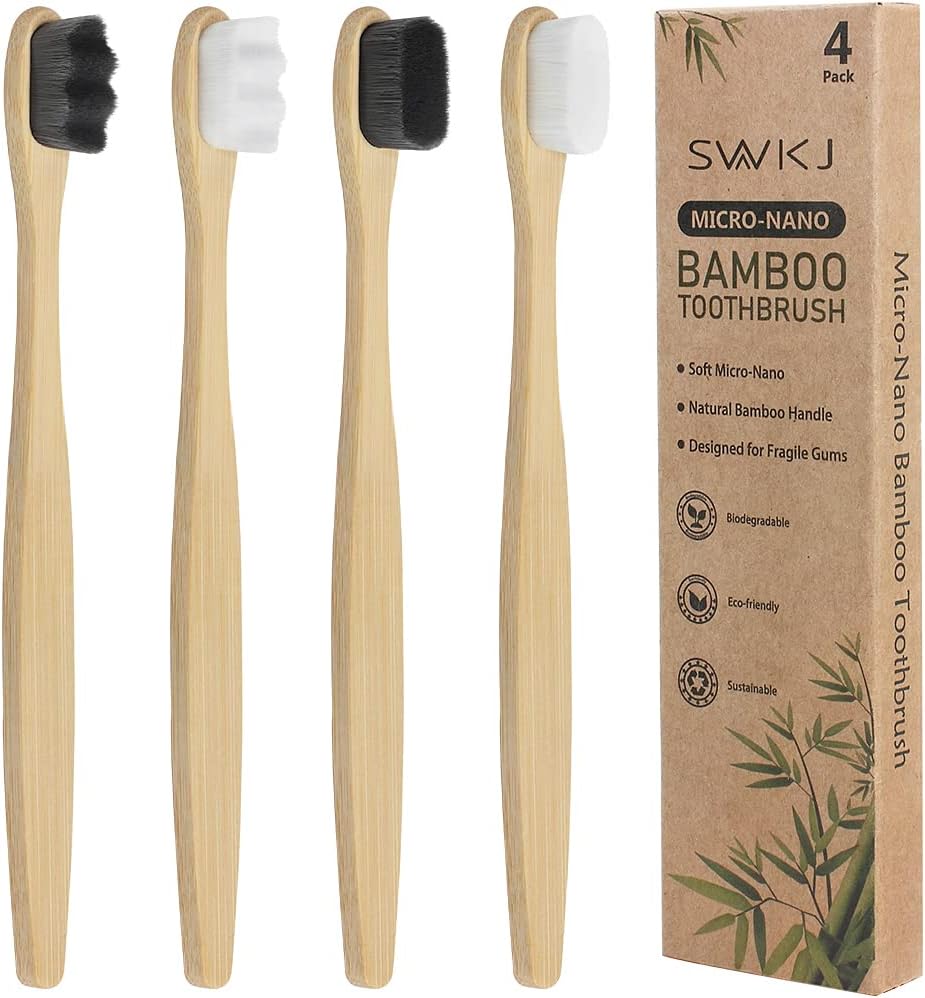 SWKJ 4 Pcs Soft Bamboo Micro-Nano Toothbrushes, Extra Soft Toothbrush with 20000 Bristles Designed for Sensitive Gums Kids Adults