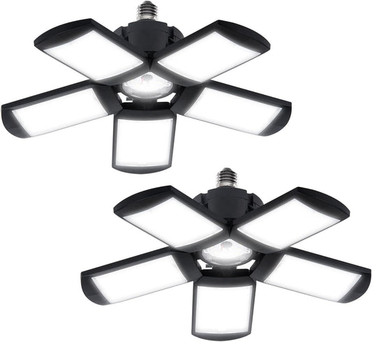 Deformable LED Garage Light - 8000 Lumen 6500K Daylight 80W, Five Leaf Garage Organization Ceiling Lighting, Pack of 2