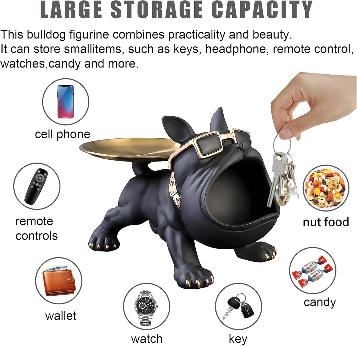 French Bulldog Resin Tray Statue – Key Holder, Candy Dish & Desk Decor for Home, Office & Entryway Table – Black Bulldog Figurine - PuriLite
