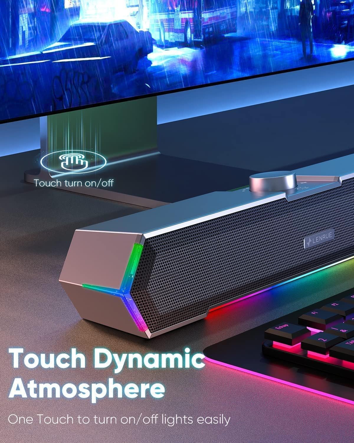 Desktop Computer Speakers with Touch Light Control, USB-C and USB Powered Stereo Sound Bar Speaker for PC, Laptop, and Monitor, Compact Black Design - PuriLite