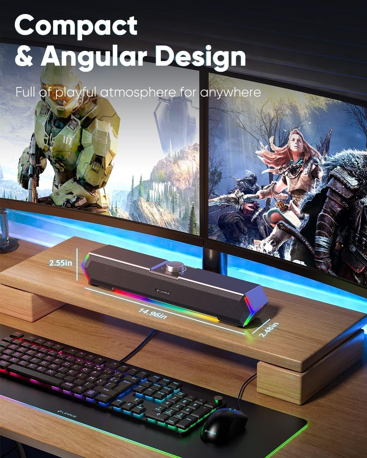 Desktop Computer Speakers with Touch Light Control, USB-C and USB Powered Stereo Sound Bar Speaker for PC, Laptop, and Monitor, Compact Black Design - PuriLite