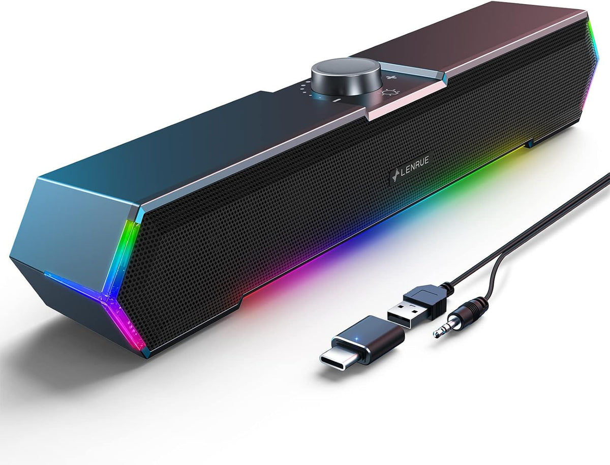 Desktop Computer Speakers with Touch Light Control, USB-C and USB Powered Stereo Sound Bar Speaker for PC, Laptop, and Monitor, Compact Black Design - PuriLite