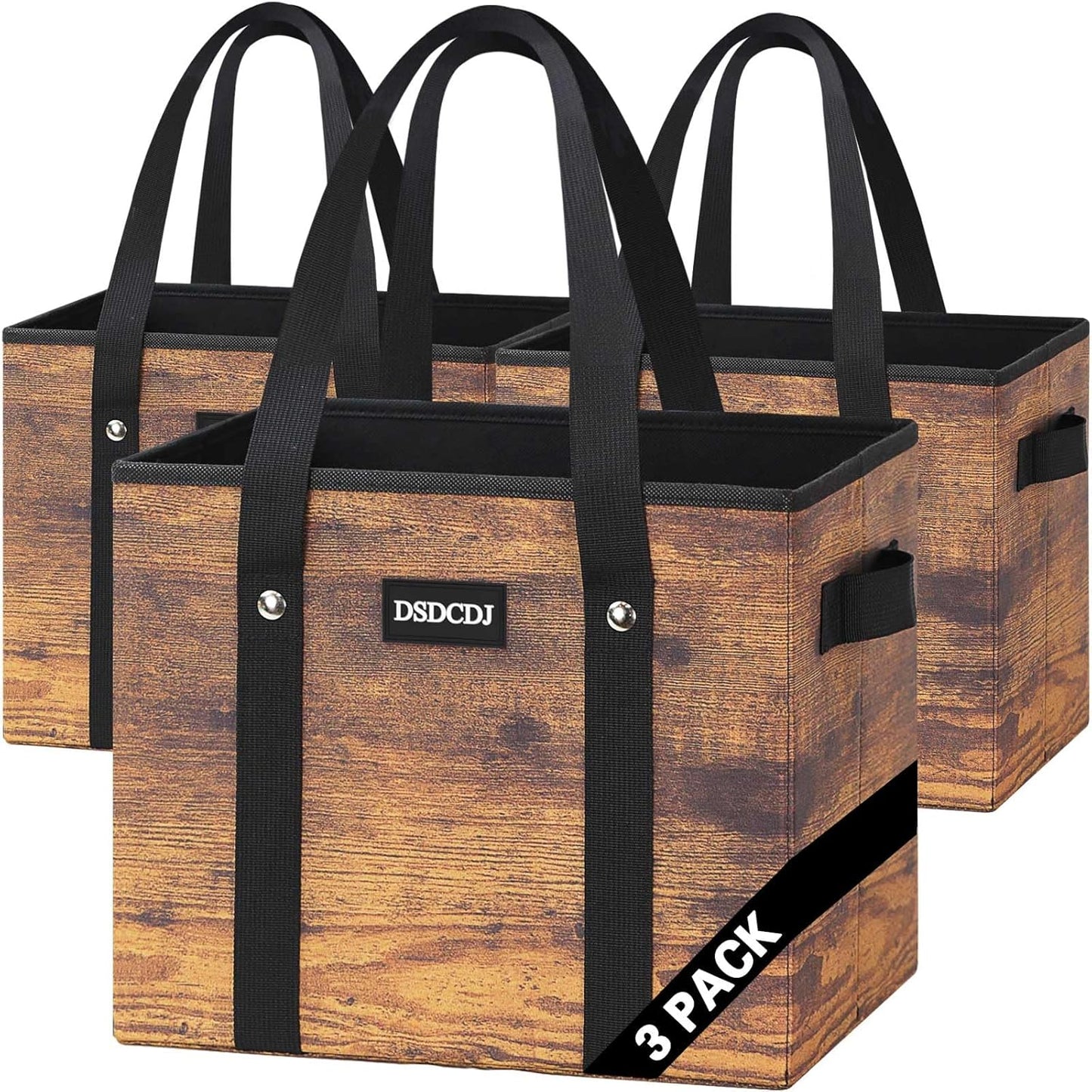 DSDCDJ Reusable Grocery Bags - Heavy Duty Reusable Shopping Bags with Hard Bottom & Long Handles, Foldable Large Tote Bags with Box Shape to Stand Up - for Kitchen, Picnic, 3 Pack, Wood Print