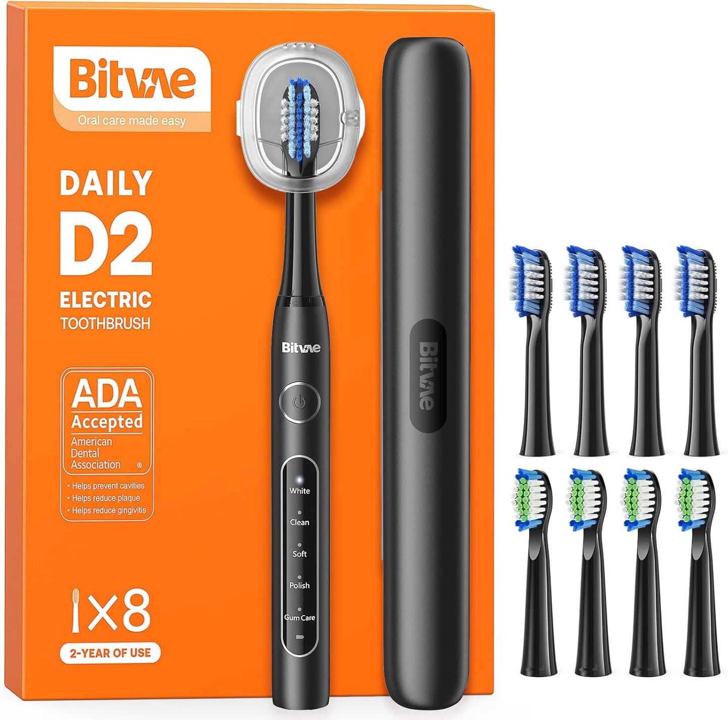 Bitvae Ultrasonic Electric Toothbrushes for Adults and Kids, ADA Accepted Rechargeable Travel Sonic Toothbrush with 8 Brush Heads, 5 Modes, Holder, D2 (Jet Black)