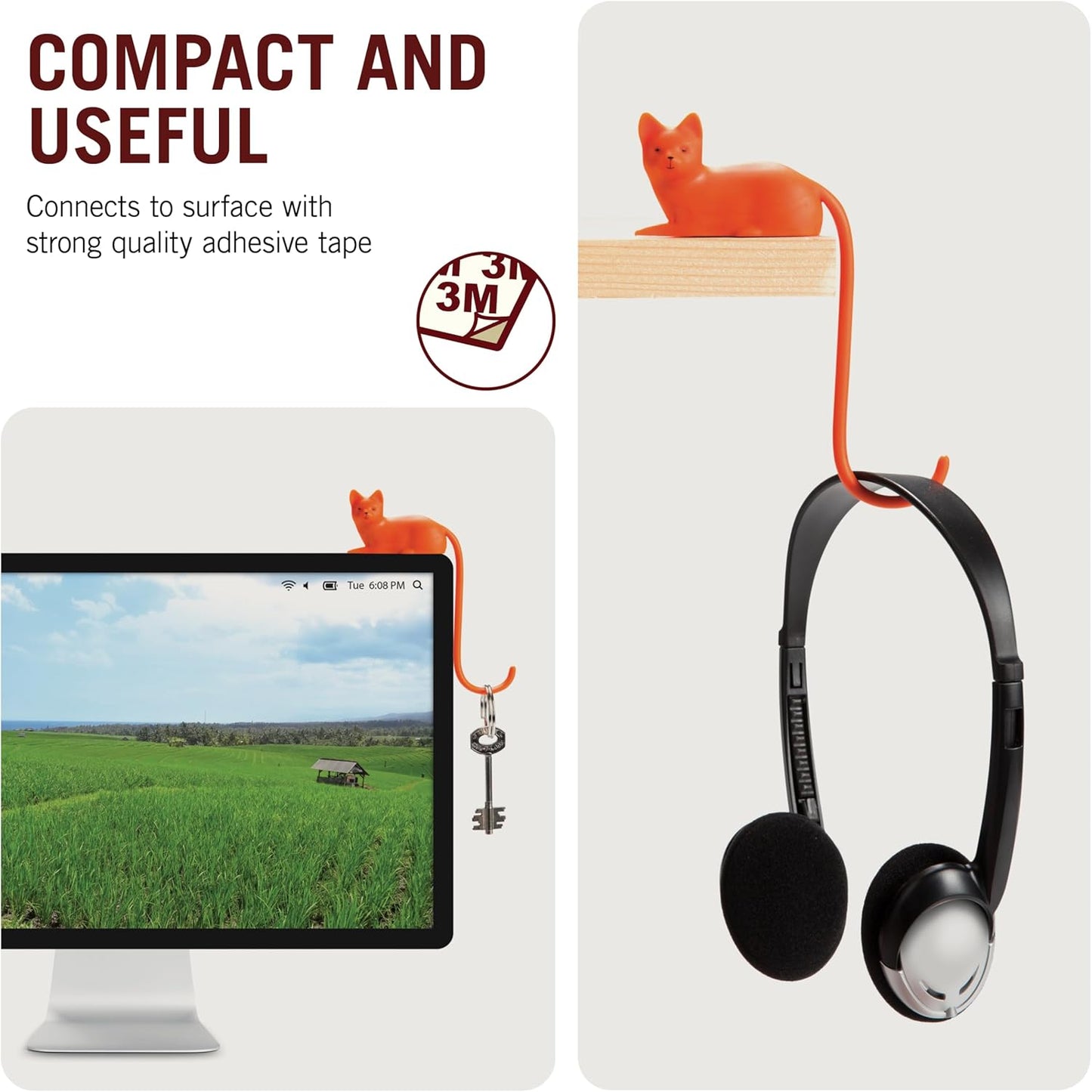 Cat Tail Screen Hook for Computer Monitor, Compact Desk Accessory Holder for Keys, Glasses, Headphones, and Cables, Adhesive Mount, Orange - PuriLite