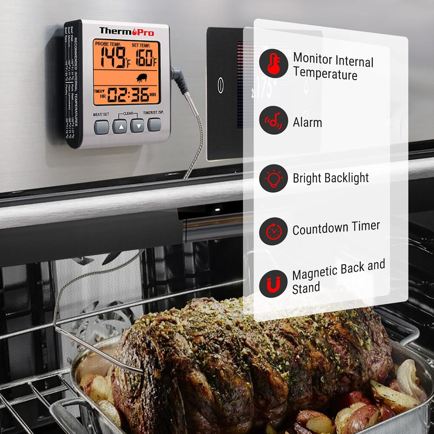 ThermoPro TP16S Digital Meat Thermometer for Cooking and Grilling, BBQ Food Thermometer with Backlight and Kitchen Timer, Grill Temperature Probe Thermometer for Smoker, Barbecue, Oven, Cookware