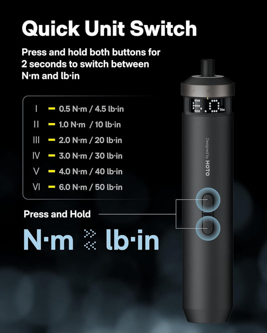 HOTO PixelDrive Electric Screwdriver – Smart Display Cordless Screwdriver with 6 Torque Settings, 30 Bits, LED Light & USB-C Rechargeable Battery