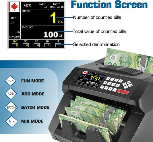 Money Counter Machine with UV/MG/IR/MT, Kaegue Bill Currency Counter Machine, Cash Counting Machine with 6 Modes, 1,000 Notes Per Minute, 2 Years Warranty (Black) - PuriLite