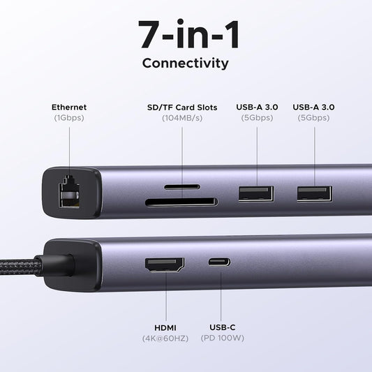UGREEN Revodok USB C Hub, 7 in 1 USB C Dock with 4K 60Hz HDMI, 1Gbps Ethernet, 2 USB 3.0, 100W PD, SD/TF Card Reader Docking Station Compatible with MacBook Pro/Air, iPad, XPS, Thinkpad, Steam Deck - PuriLite